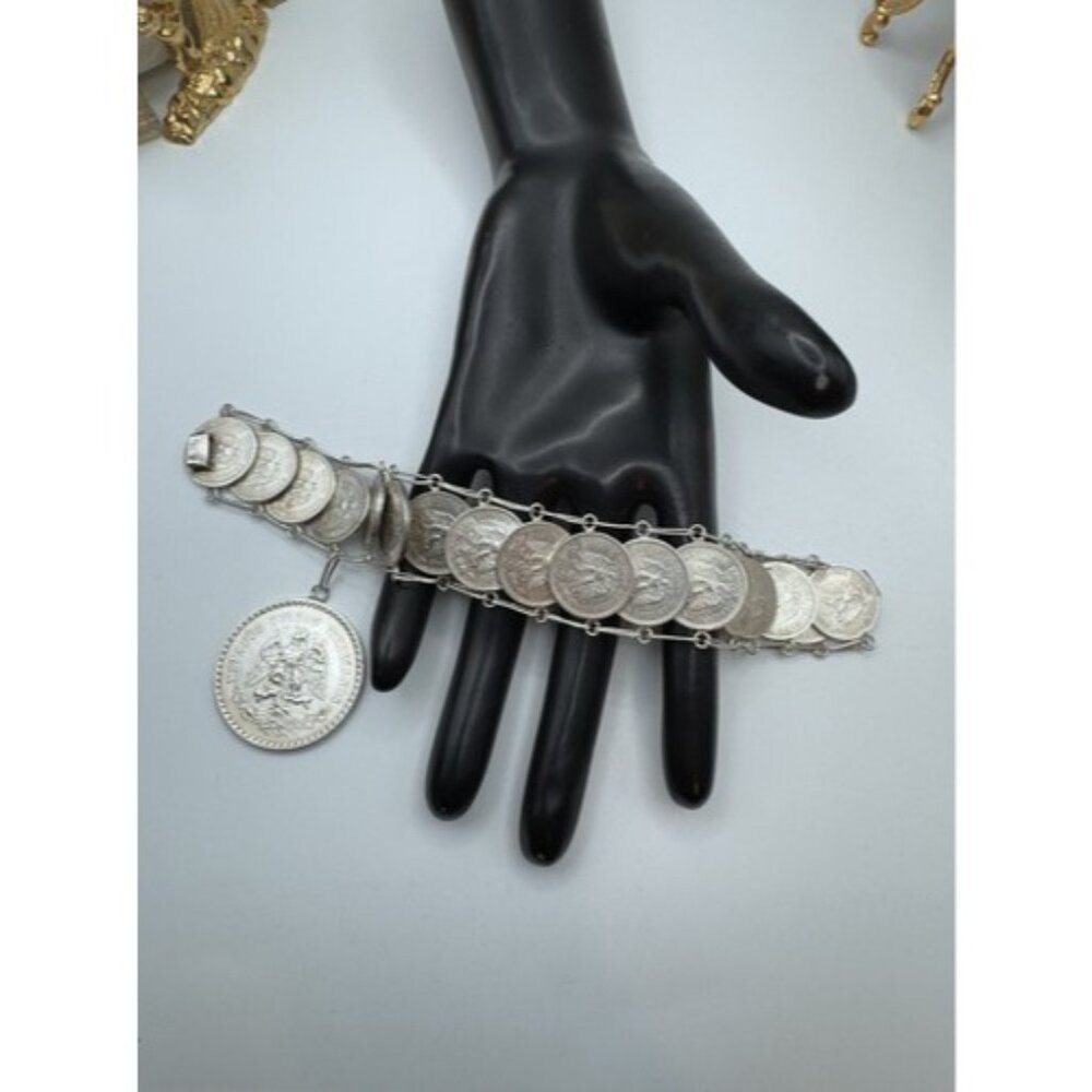 Vintage Mexican Coin Bracelet Solid Silver Unique Collectible Jewelry From 40s - Picture 16 of 16